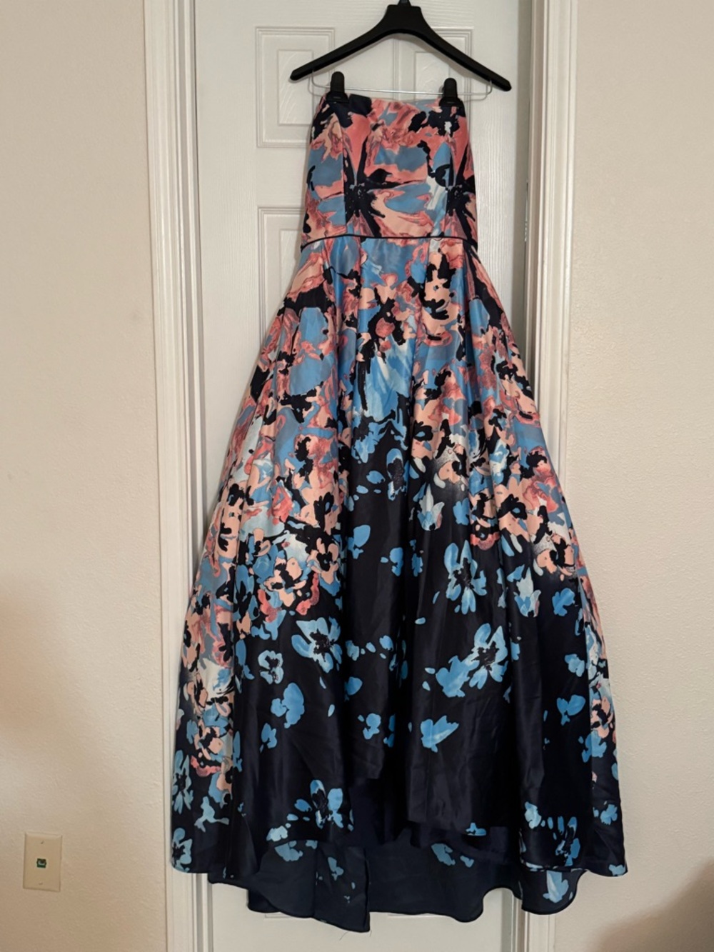 Betsy & Adam Navy Blue Pink Floral Strapless Ball Gown